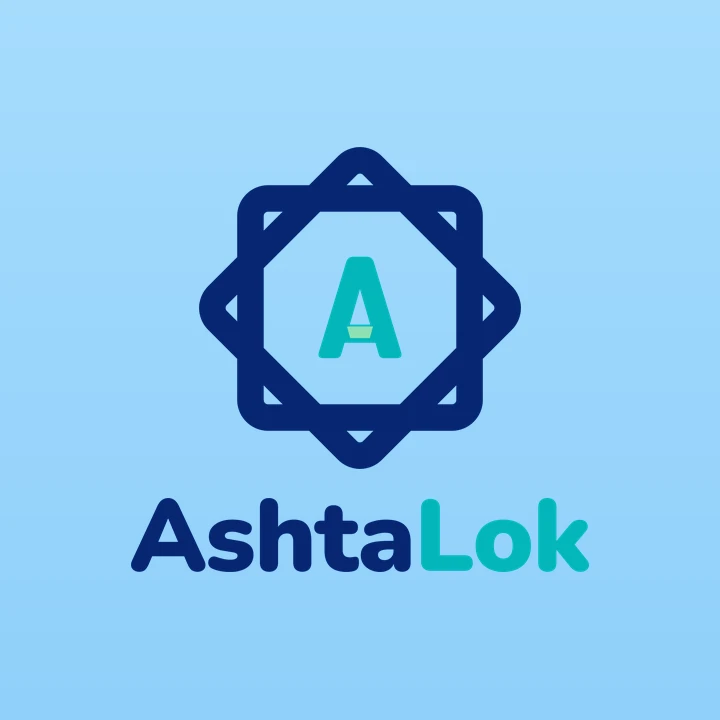The AshtaLok logo: a navy eight-point star around a teal A, over the name, "Ashta" in navy and "Lok" in teal, on a sky-blue panel